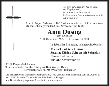 Anzeige von Anni Düsing von  Werbepost 