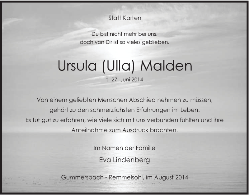  Traueranzeige für Ursula Malden vom 20.08.2014 aus  Anzeigen Echo 