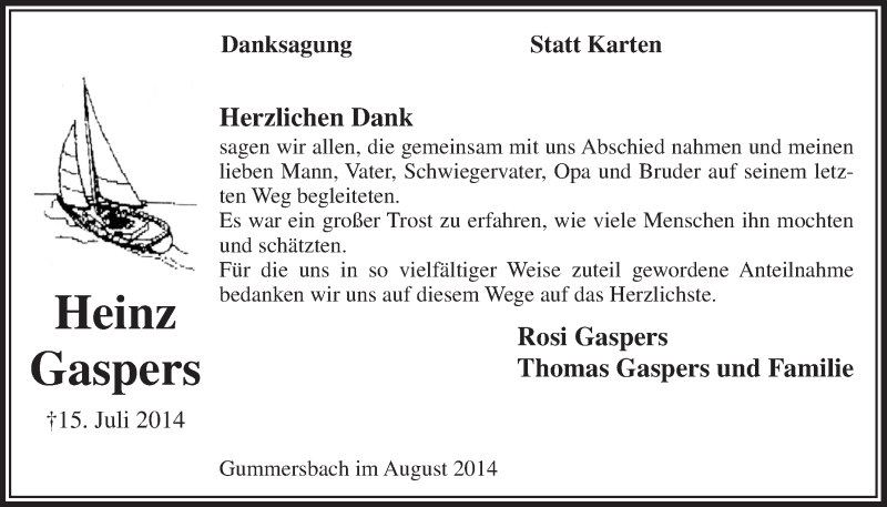  Traueranzeige für Heinz Gaspers vom 20.08.2014 aus  Anzeigen Echo 