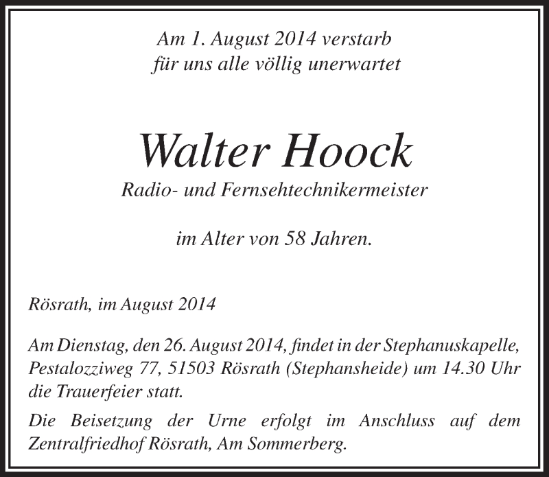  Traueranzeige für Walter Hoock vom 20.08.2014 aus  Bergisches Handelsblatt 