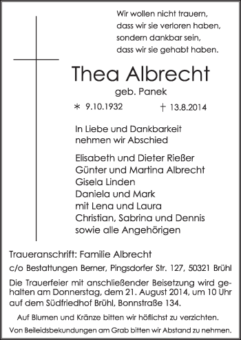 Anzeige von Thea Albrecht von  Schlossbote/Werbekurier 