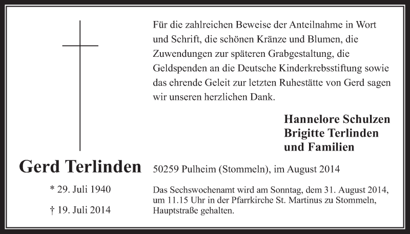  Traueranzeige für Gerd Terlinden vom 20.08.2014 aus  Wochenende 