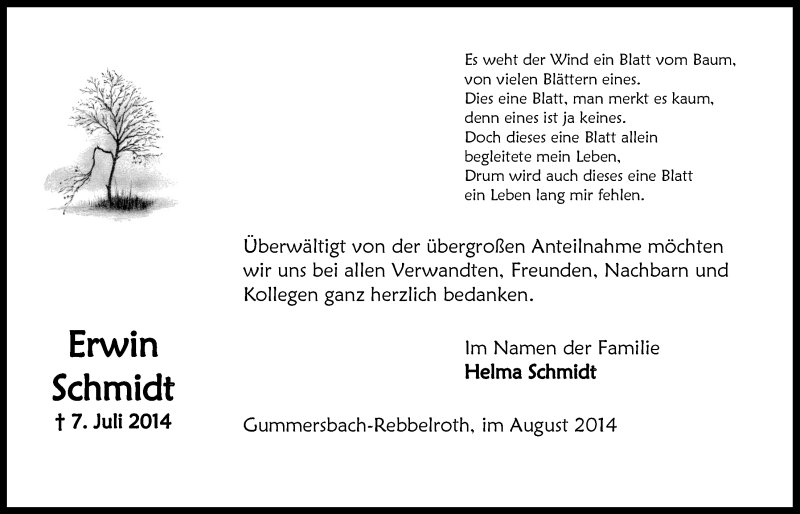  Traueranzeige für Erwin Schmidt vom 20.08.2014 aus  Anzeigen Echo 