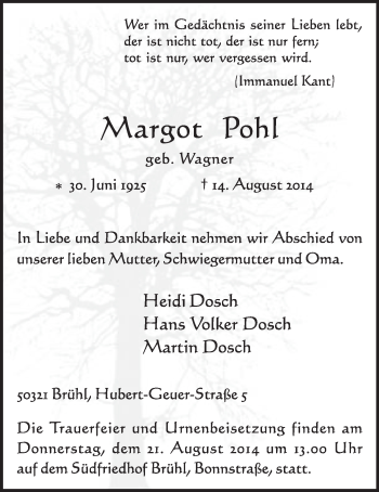 Anzeige von Margot Pohl von  Schlossbote/Werbekurier 