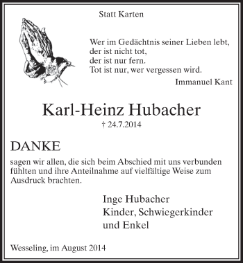 Anzeige von Karl-Heinz Hubacher von  Schlossbote/Werbekurier 