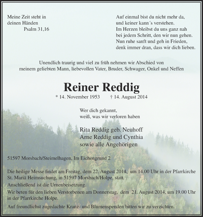  Traueranzeige für Reiner Reddig vom 20.08.2014 aus  Lokalanzeiger 
