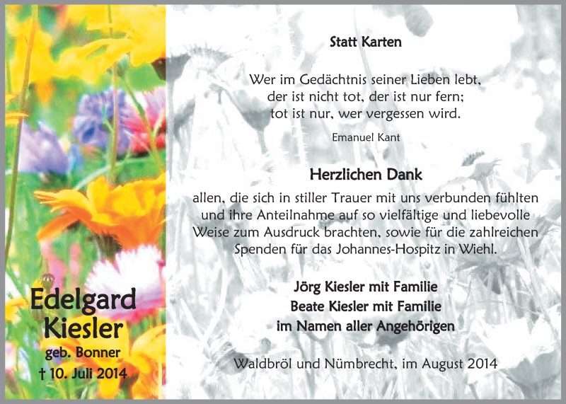  Traueranzeige für Edelgard Kiesler vom 20.08.2014 aus  Anzeigen Echo  Lokalanzeiger 