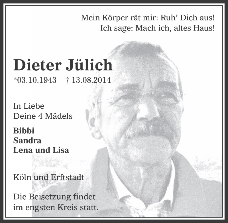  Traueranzeige für Dieter Jülich vom 20.08.2014 aus  Werbepost 
