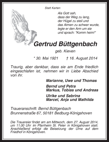 Anzeige von Gertrud Büttgenbach von  Werbepost 