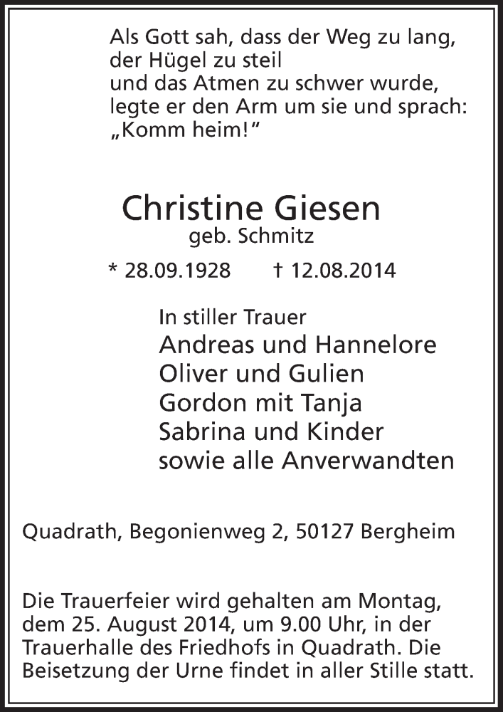 Traueranzeige für Christine Giesen vom 23.08.2014 aus  Sonntags-Post 