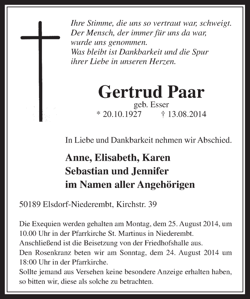  Traueranzeige für Gertrud Paar vom 20.08.2014 aus  Werbepost 