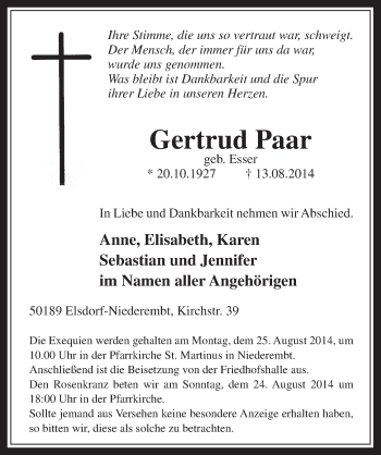 Anzeige von Gertrud Paar von  Werbepost 