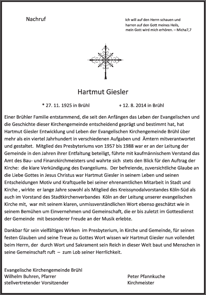  Traueranzeige für Hartmut Giesler vom 20.08.2014 aus  Schlossbote/Werbekurier 