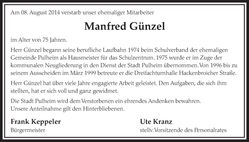  Traueranzeige für Manfred Günzel vom 23.08.2014 aus  Sonntags-Post 