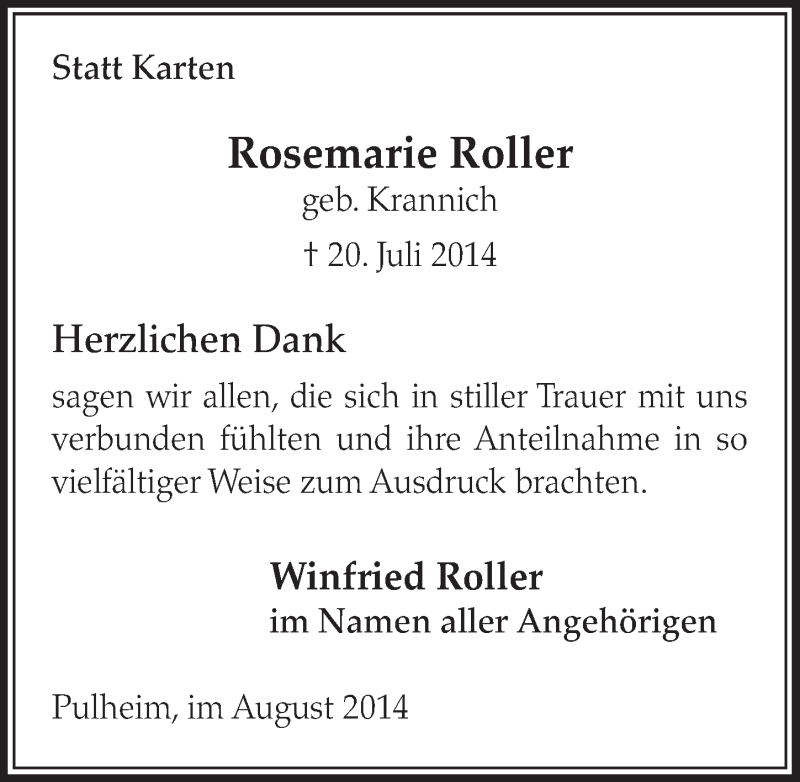  Traueranzeige für Rosemarie Roller vom 23.08.2014 aus  Sonntags-Post 