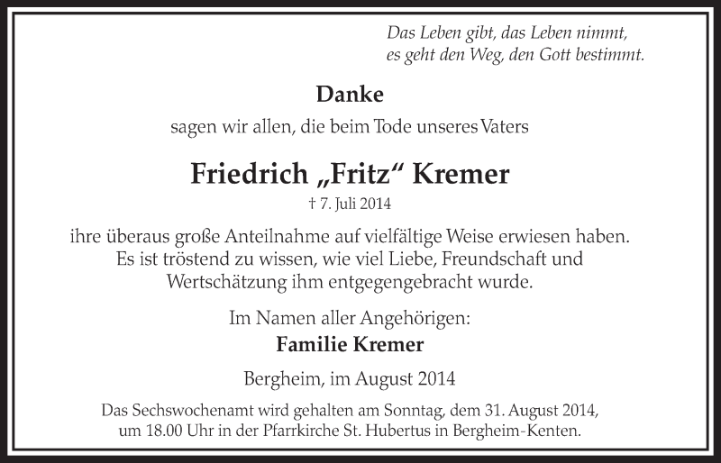  Traueranzeige für Friedrich Kremer vom 23.08.2014 aus  Sonntags-Post 