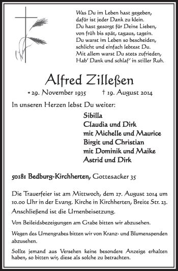 Anzeige von Alfred Zilleßen von  Sonntags-Post 