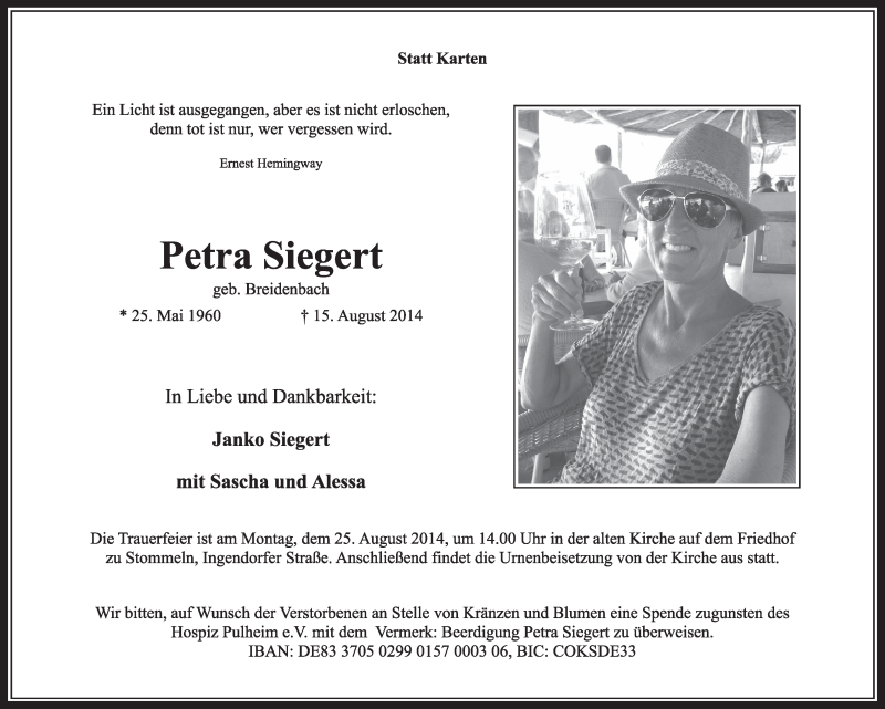  Traueranzeige für Petra Siegert vom 23.08.2014 aus  Sonntags-Post 