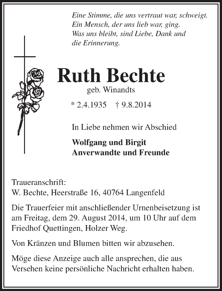  Traueranzeige für Ruth Bechte vom 23.08.2014 aus  Leverkusener Wochenende 