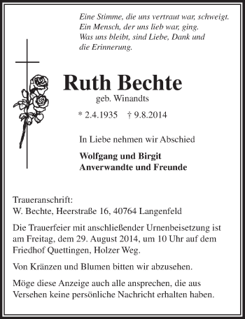 Anzeige von Ruth Bechte von  Leverkusener Wochenende 