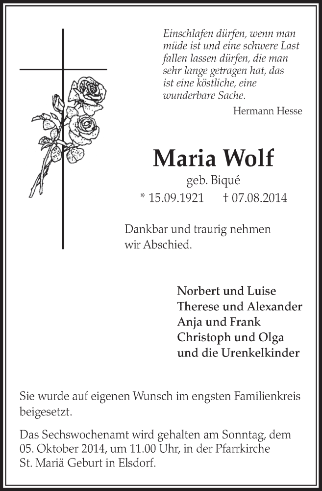  Traueranzeige für Maria Wolf vom 23.08.2014 aus  Sonntags-Post 