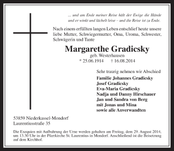 Anzeige von Margarethe Gradicsky von  Rhein-Sieg-Wochenende 