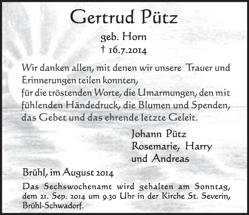  Traueranzeige für Gertrud Pütz vom 10.09.2014 aus  Schlossbote/Werbekurier 