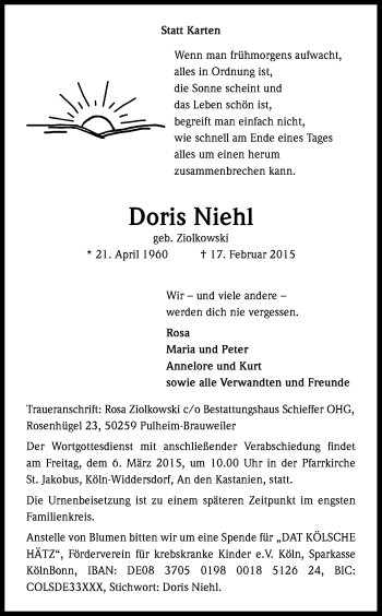 Anzeige von Doris Niehl von Kölner Stadt-Anzeiger / Kölnische Rundschau / Express