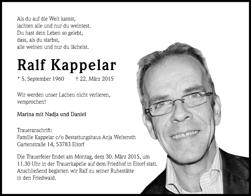  Traueranzeige für Ralf Kappelar vom 28.03.2015 aus Kölner Stadt-Anzeiger / Kölnische Rundschau / Express
