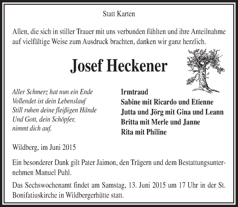  Traueranzeige für Josef Heckener vom 10.06.2015 aus  Anzeigen Echo 