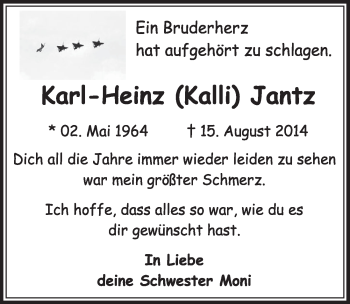 Anzeige von Karl-Heinz Jantz von  Sonntags-Post 