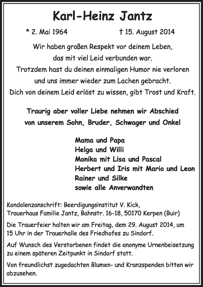  Traueranzeige für Karl-Heinz Jantz vom 23.08.2014 aus  Sonntags-Post 