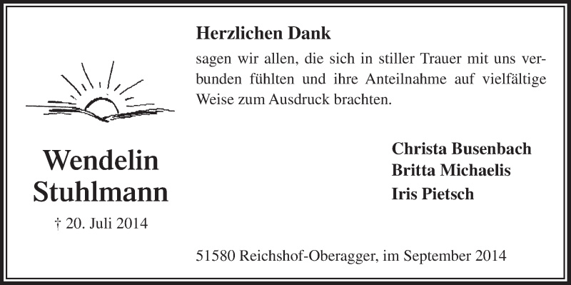  Traueranzeige für Wendelin Stuhlmann vom 03.09.2014 aus  Anzeigen Echo 
