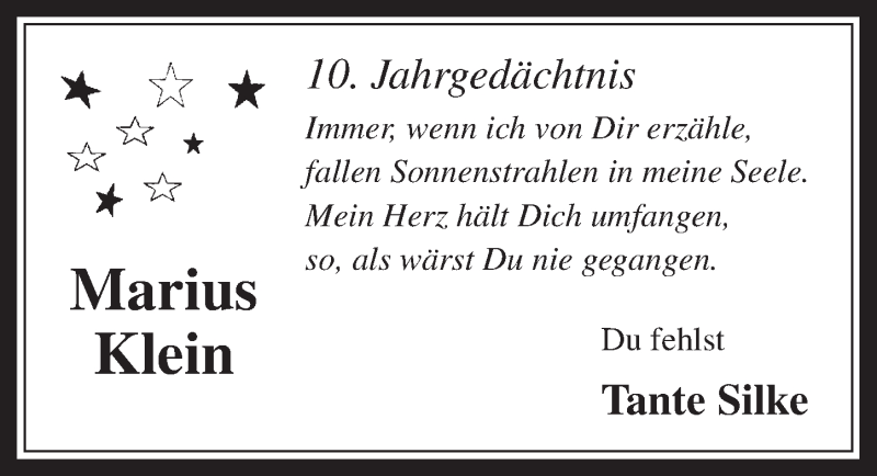  Traueranzeige für Marius Klein vom 10.09.2014 aus  Werbepost 