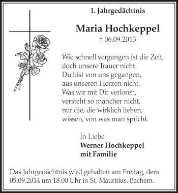 Anzeige von Maria Hochkeppel von  Sonntags-Post 