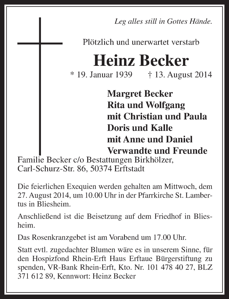  Traueranzeige für Heinz Becker vom 23.08.2014 aus  Sonntags-Post 