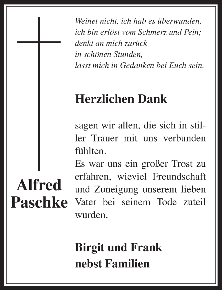  Traueranzeige für Alfred Paschke vom 30.08.2014 aus  Sonntags-Post 