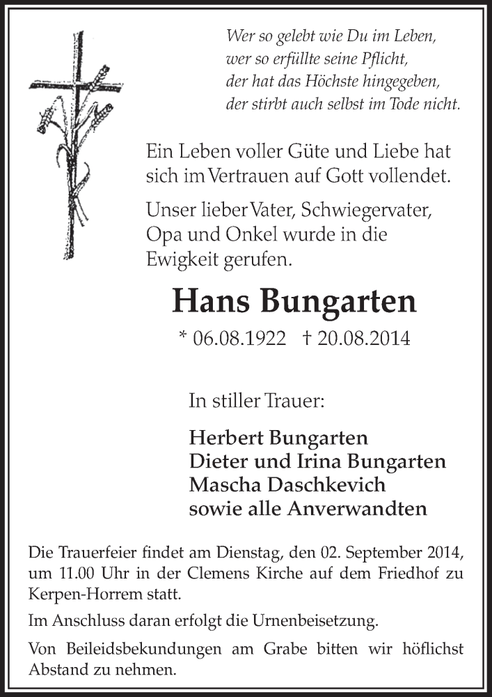  Traueranzeige für Hans Bungarten vom 30.08.2014 aus  Sonntags-Post 