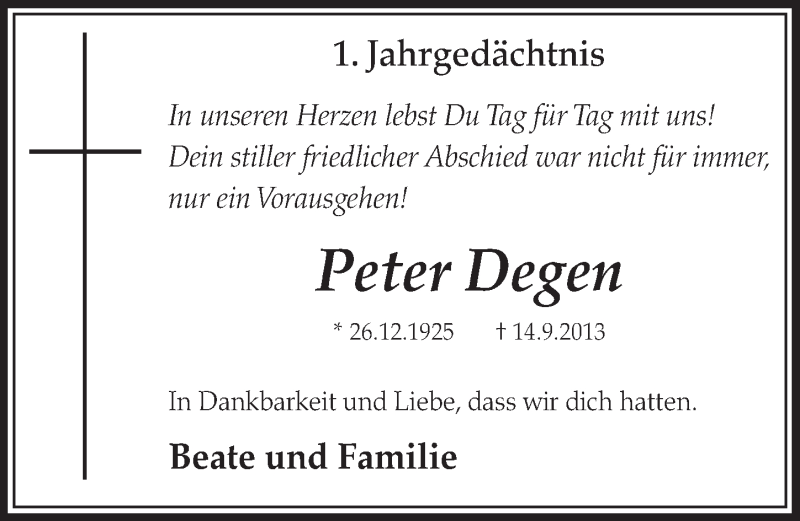  Traueranzeige für Peter Degen vom 13.09.2014 aus  Sonntags-Post 