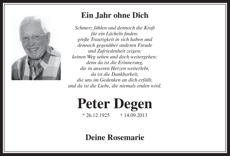 Traueranzeige für Peter Degen vom 10.09.2014 aus  Wochenende 
