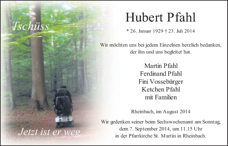  Traueranzeige für Hubert Pfahl vom 03.09.2014 aus  Schaufenster/Blickpunkt 