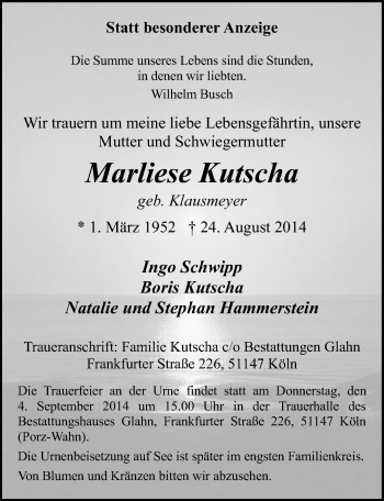 Anzeige von Marliese Kutscha 