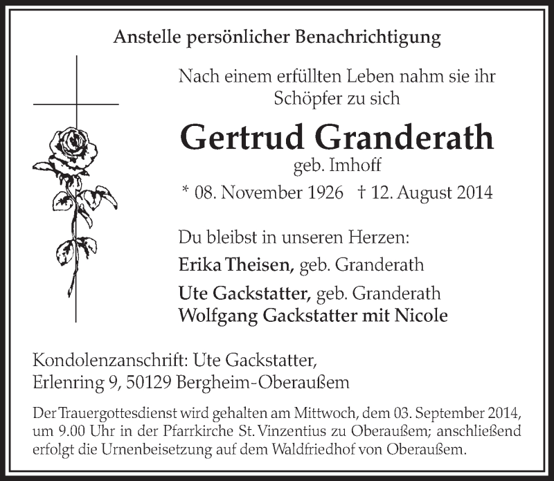  Traueranzeige für Gertrud Granderath vom 30.08.2014 aus  Sonntags-Post 
