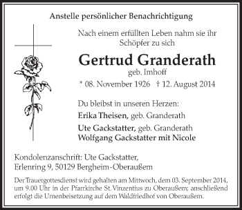 Anzeige von Gertrud Granderath von  Sonntags-Post 