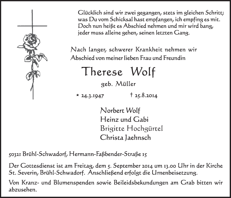  Traueranzeige für Therese Wolf vom 03.09.2014 aus  Schlossbote/Werbekurier 