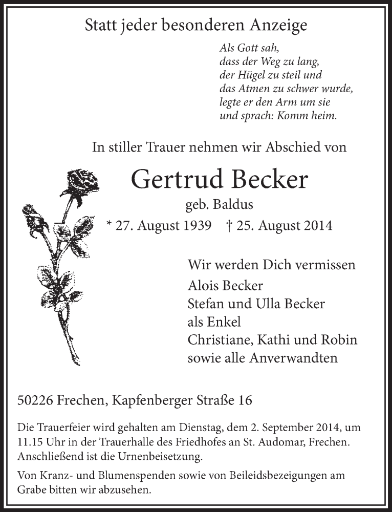  Traueranzeige für Gertrud Becker vom 30.08.2014 aus  Sonntags-Post 