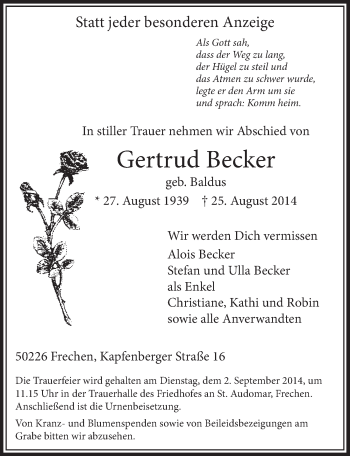Anzeige von Gertrud Becker von  Sonntags-Post 