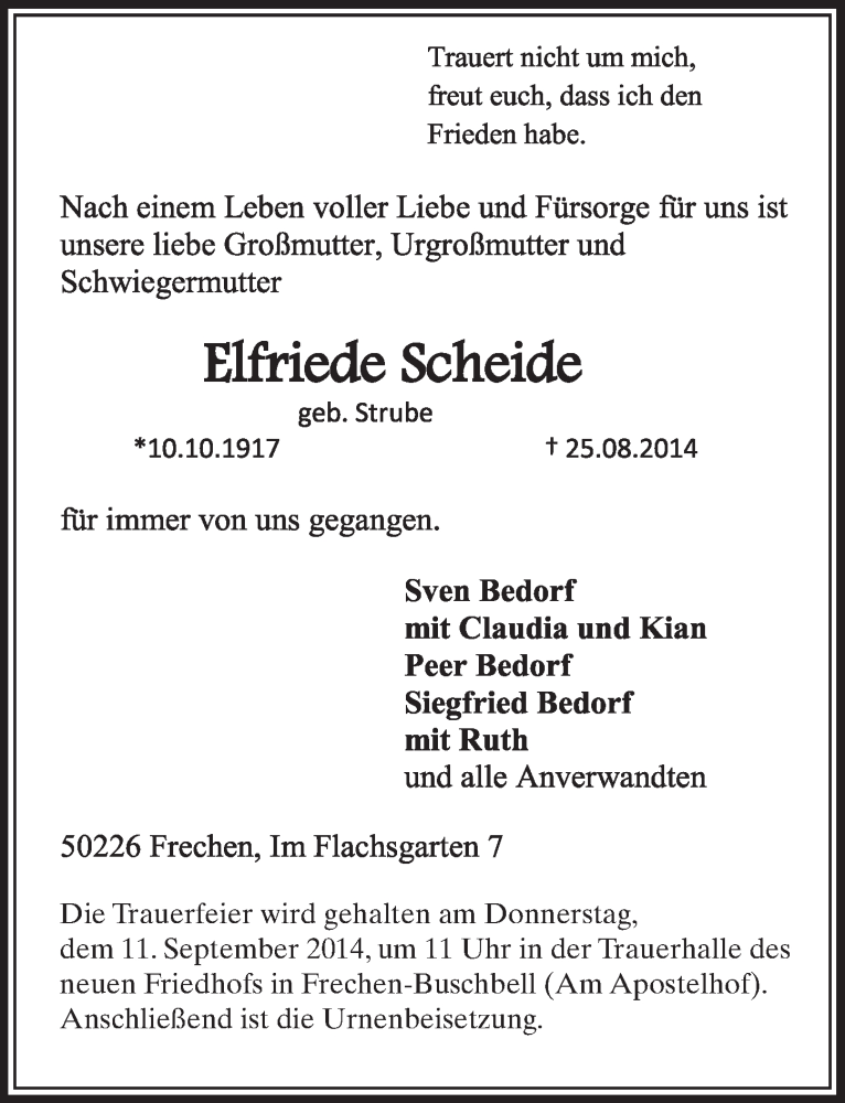  Traueranzeige für Elfriede Scheide vom 30.08.2014 aus  Sonntags-Post 
