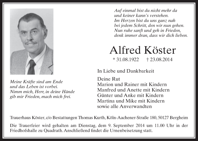  Traueranzeige für Alfred Köster vom 03.09.2014 aus  Werbepost 