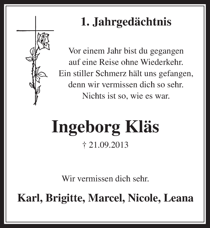  Traueranzeige für Ingeborg Kläs vom 24.09.2014 aus  Wochenende 